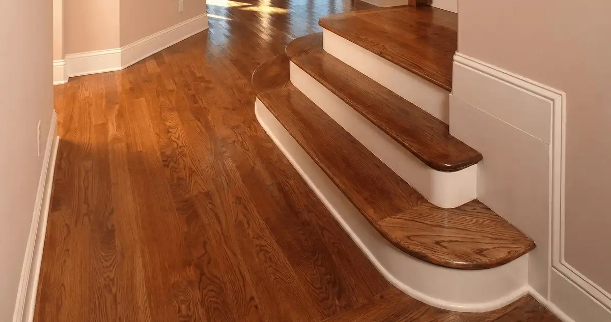 Base floor of a staircase with professionally restored wood flooring in Tuscaloosa AL