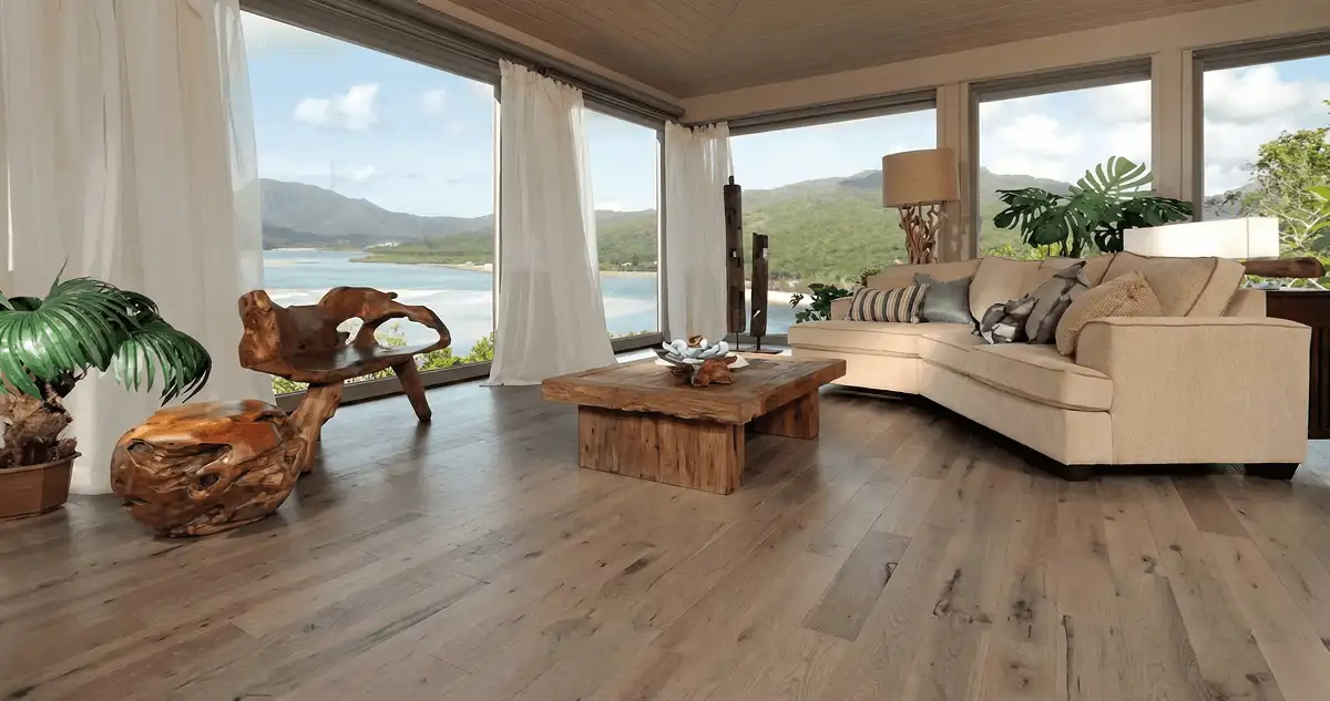 Professionally installed vinyl flooring in a modern living room with large windows in Tuscaloosa, AL